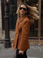 Aiertu  -  Retro Brown Lapel Blazer Jacket Women Fashion Single Breasted Long Sleeves Office Suit Coats Autumn New Lady Commute Outerwear Aiertu