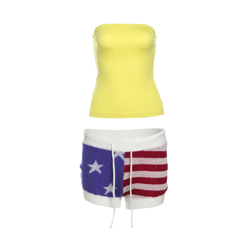 Aiertu  -  Summer Sweet 2-Piece Set Women Solid Backless Sleeveless Elegant Tops+ Pentagram Stripes Knit Shorts Matching Suits Aiertu
