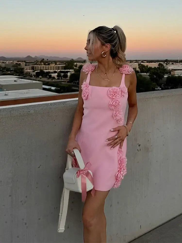 Aiertu  -  Women Sexy Pink 3d Flower Sling Mini Dress Fashion High Waist Sleeveless Bodycon Dress 2026 Summer Vacation Beach Party Dresses Aiertu