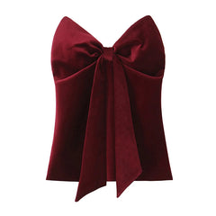 Aiertu  -  High Street Women Wine Red Velvet Bow Strapless Top Sexy Sleeveless Chic Party Crop Top Ropa Para Mujer Aiertu