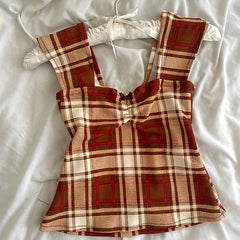 Aiertu  Plaid/Stripes Print Square Neck Tank Tops Cottage Y2K Aesthetic Bow Trim Milkmaid Crop Top Women Backless Slim Fit Shirts Vest Aiertu