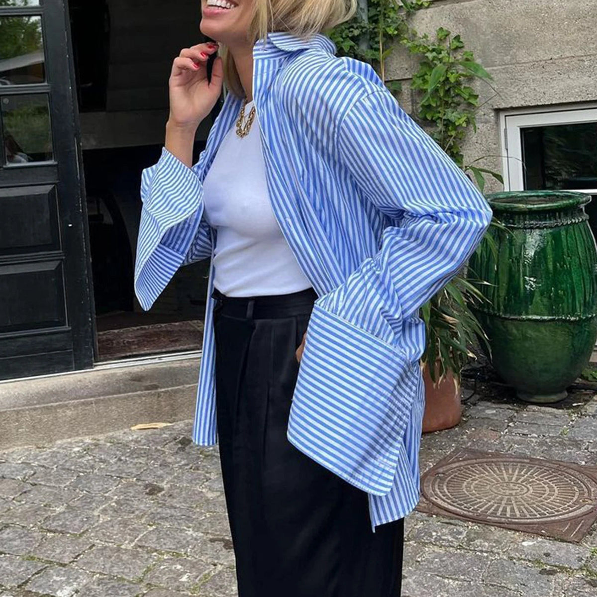 Aiertu  -  Women's Striped Shirt Fashion Loose Single Breasted Long Sleeved Top Office Lady Simple Splicing Long Shirt Female Aiertu