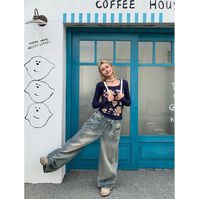 Aiertu  High Waist Womens Jeans Vintage Straight Baggy Print Pants Streetwear American Fashion Y2K Casual Wide Leg Denim Trouser Aiertu