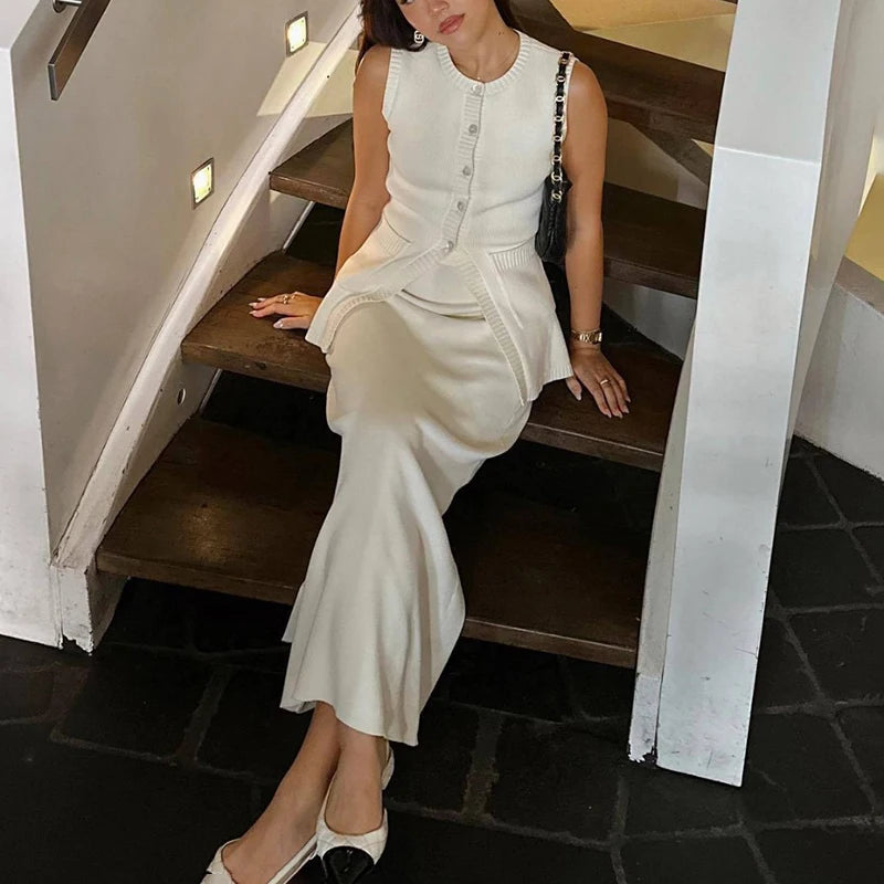 Aiertu  -  Summer Fashion Knitted Skirt Suit Sleeveless Vest Pocket Slit High Waist Long Skirt Elegant White Ribbed Knitwear Outfits Aiertu