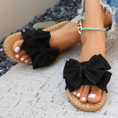 Aiertu [Off-the-Shoulder Summer Sandals] Re Na Qian Qing Women's Summer Slide Sandals - Chic Off-the-Shoulder, Bowknot Design - Fabric Upper, Flat Heel, Open Toe, PU Sole, Handwash/Dry Clean Aiertu