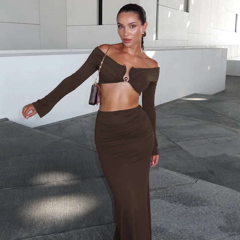 Aiertu  -   Fashion Off Shoulder Ruched Dress Sets Autumn Vacation Beachwear Matching Sets Sexy Split Two Piece Sets Outfits Aiertu
