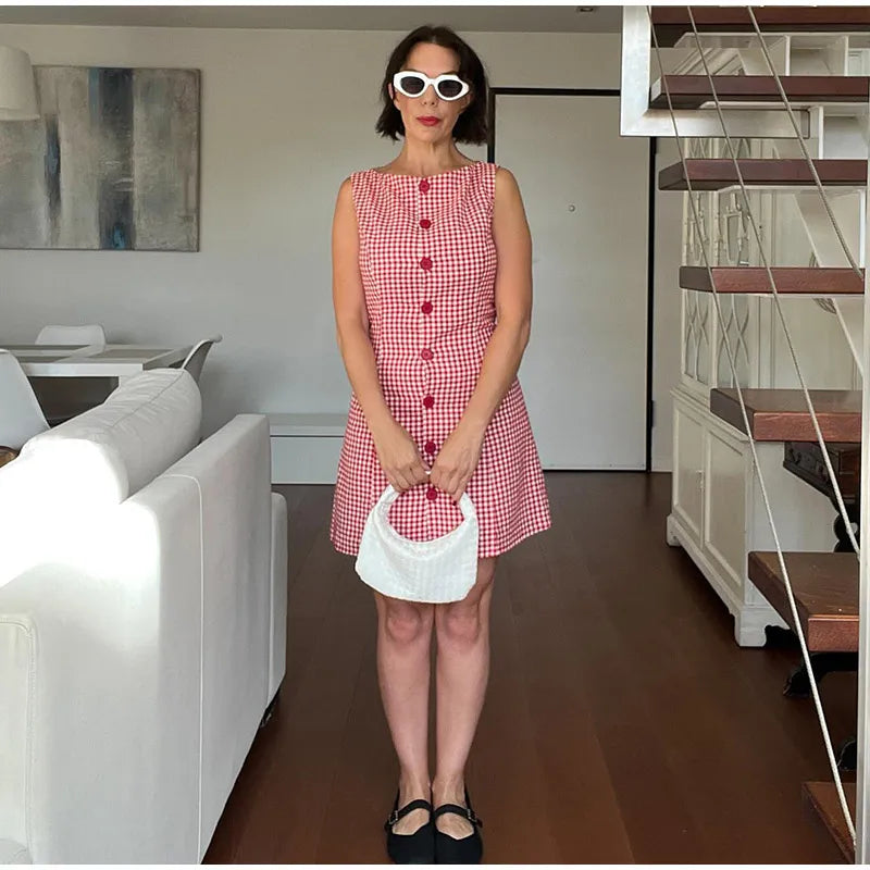 Aiertu  -  Round Neck Sleeveless Plaid Dress Woman Single Breasted Patchwork A-Line Short Dresses Casual Slim Women's Versatile Mini Dress Aiertu