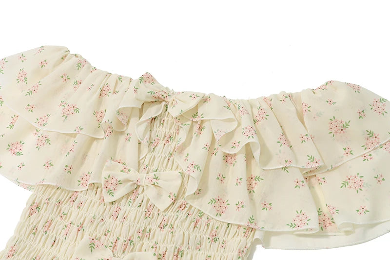 Aiertu  Off Shoulder Sexy Floral Print Mesh Bow Fashion A-line Bodycon Pleated Mini Dress Summer New Sweet Cute Party Vestidos Aiertu