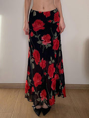Aiertu  -Vintage Floral Print Mesh Layered High-Waist Skirt aiertu