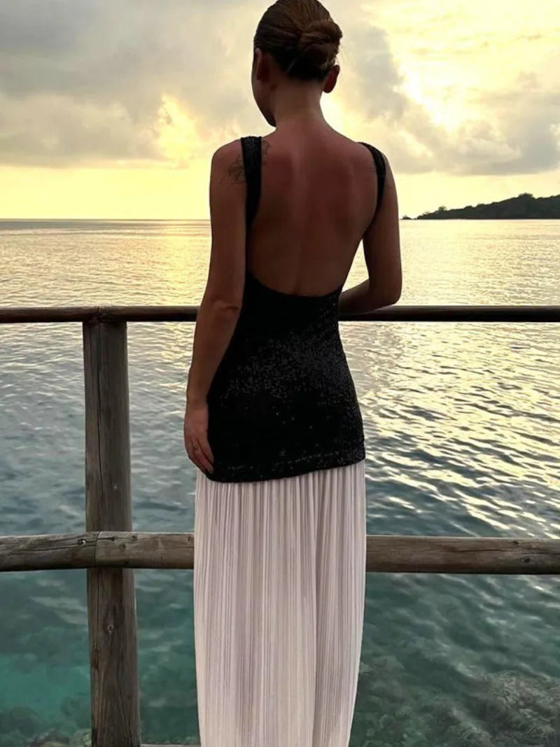 Aiertu  -  2026 Autumn New in Backless Sequins Patchwork Long Party Dress Women's Sexy O-neck Sleeveless Bodycon Tank Dresses Streetwear Aiertu