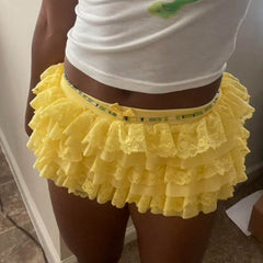 Aiertu  -  Women Lace Trim Layered Ruffle Mini Skirts Cute Bow Mesh Tutu Lolita Ruffled Tiered Micro Skirts Bloomer Pettipants Bottoms Aiertu