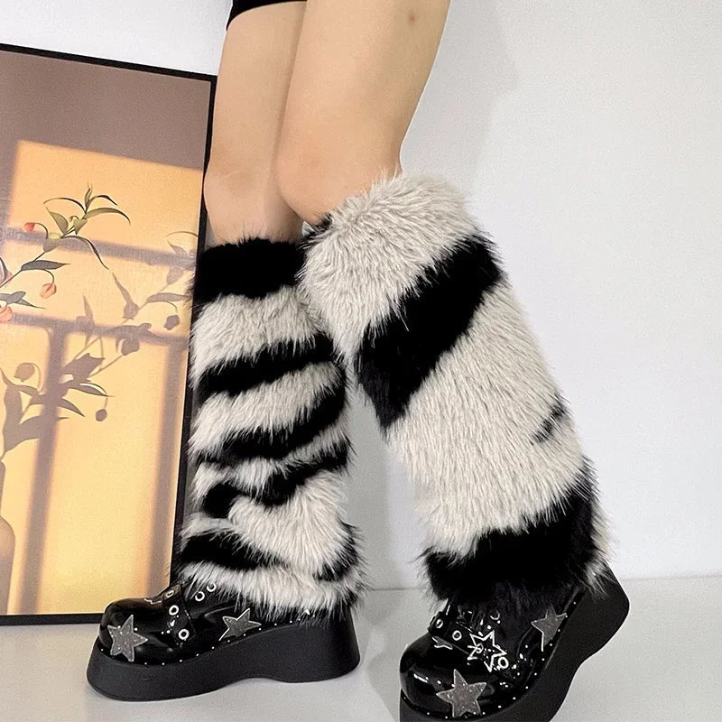 Aiertu  -  Zebra Leg warmer Y2k Artificial Fur stripe Socks Japanese Lolita Leg warmer Women Faux Fur Shoes Cuffs Cover Socks Streetwear Aiertu