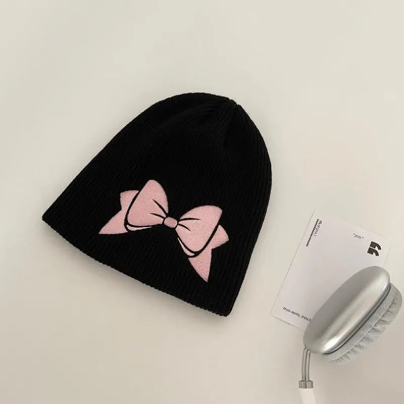 Aiertu  -  Autumn Winter Bow Embroidery Knitted Hats Women Girls Fashion Pink Bow Warm Adult Beanie Hat Korean Skullies Caps Female Bonnet Aiertu