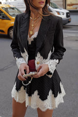 Aiertu  -Casual Street Stripe Lace Buttons Patchwork Turn-back Collar Long Sleeve Two Pieces aiertu