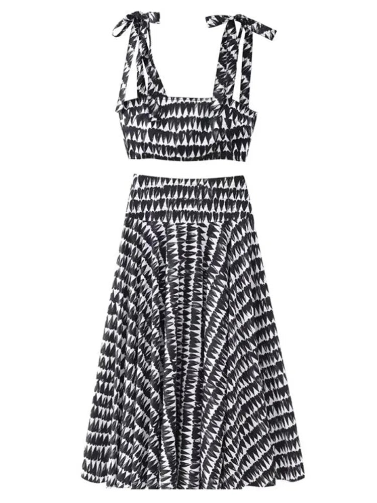 Aiertu  -  Women Bow Tie Print Skirt Set 2025 Summer A-line Sleeveless Strapless Top Skirts Sets Fashion Lady Street Square Neck Chic Suit Aiertu