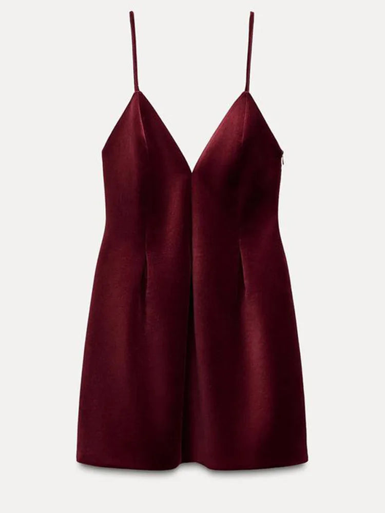 Aiertu  Women Chic Wine Red V-neck Spaghetti Strap Mini Dress Sexy High Waist Slim Pleated Velvet Vestidos New Lady Evening Gowns Aiertu
