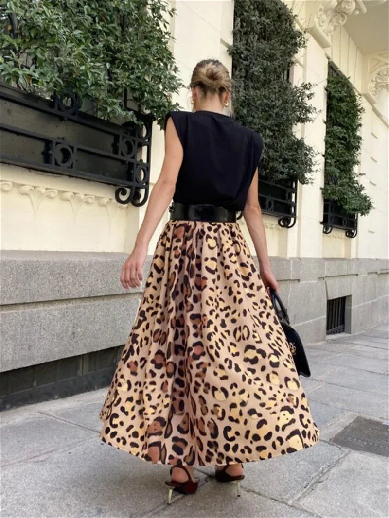 Aiertu  -  Leopard Print Elegant Big Swing Midi Skirt Women Fashion Streetwear A-line Skirt High Waist Vintage Vacation Skirt Aiertu