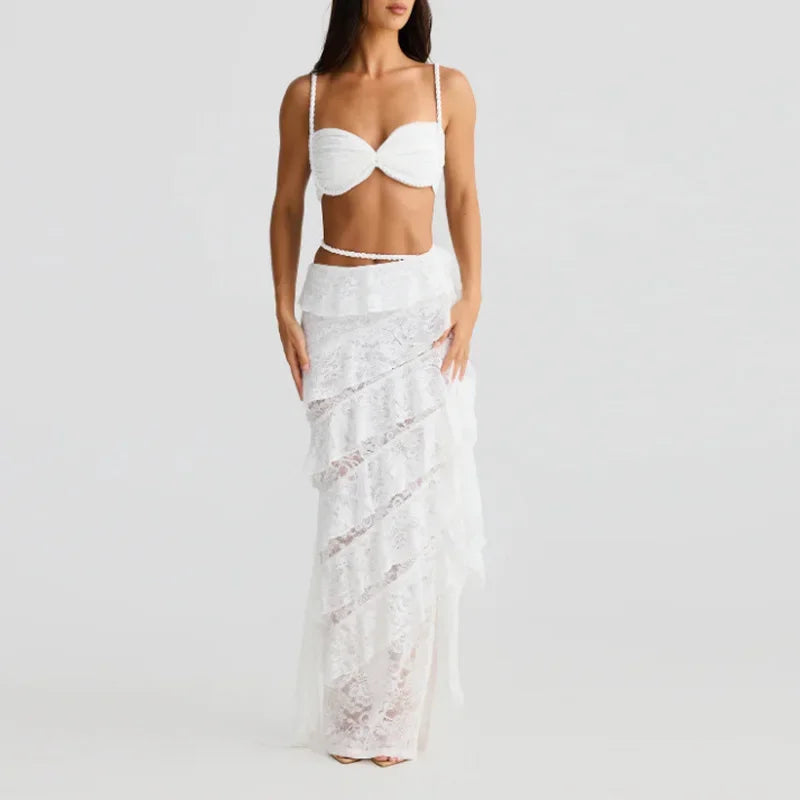 Aiertu  -  Hollow Out Knitted Twist Tank Skirt Set Women Backless Strap Corset Stacked Ruffled Skirts Suit 2025 Summer Beach Lady Outfits Aiertu