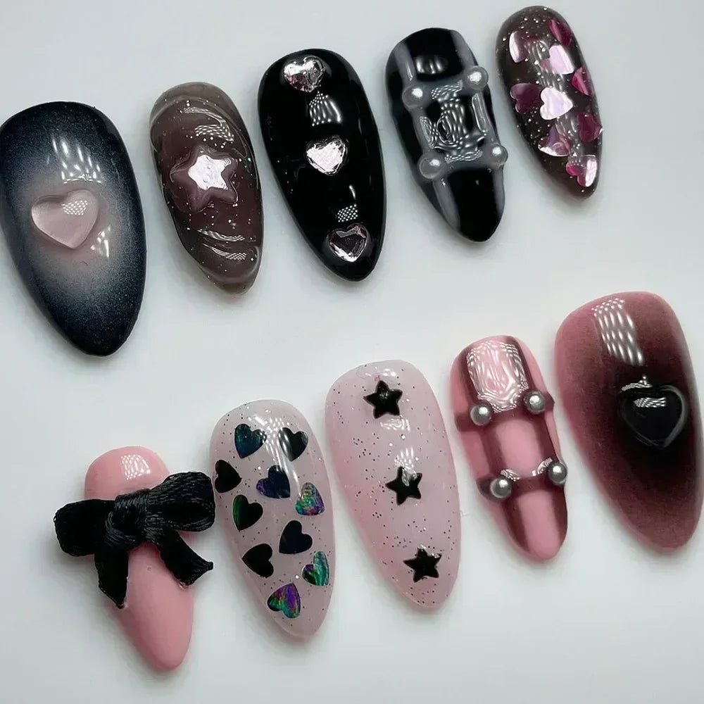 Aiertu 24Pcs Pink Almond French Press on Nails With 3D Bow ripple charms Design Fake Nails Ballerina False Nails Full Cover Nail Tips Aiertu