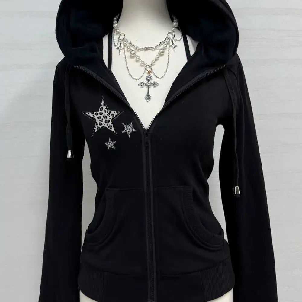 Aiertu  -  Women's Slim Fit Versatile Black Leopard Printed Star Classic Style Sweatshirts Punk Winter Street Zip Up Jackets Y2k Clothes Aiertu