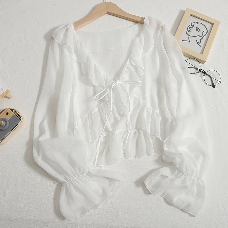 Aiertu Ruffles Chiffon Sun Protection Shirt Women Solid Lace Up Flare Sleeve Sunscreen Blouses Cardigan Loose Casual Thin Tops Aiertu