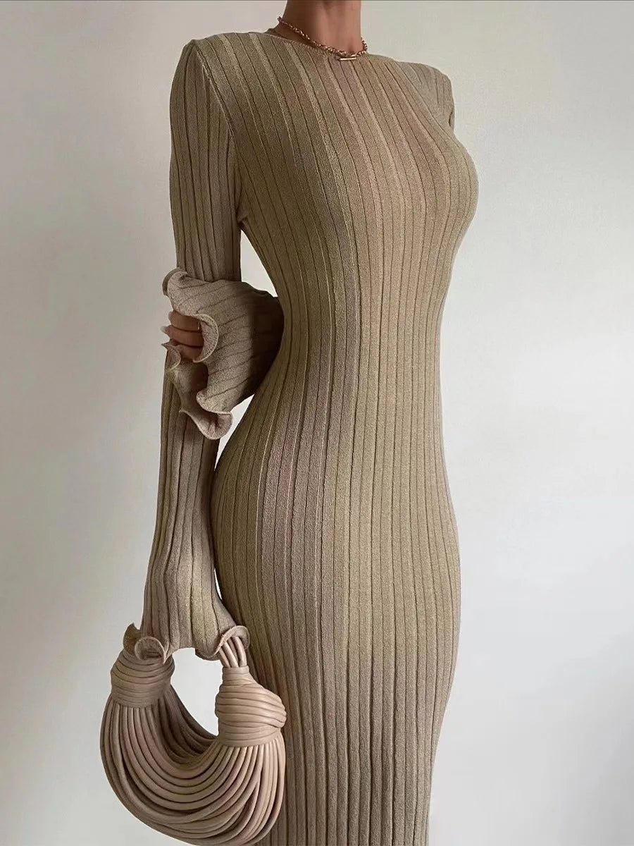 Aiertu  -  Women's Backless Knitted Maxi Dress Elegant Long Sleeve Slim Mermaid Dress Solid Bodycon Lady High Streetwear Party Female Robes Aiertu