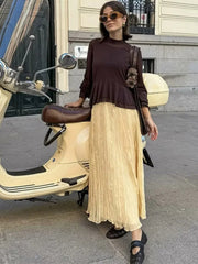 Aiertu  -  Yellow Pleated Long Skirts For Women Casual High Waist A-line Female Vestidos Spring Summer Loose Ladies Streetwear 2025 New Aiertu
