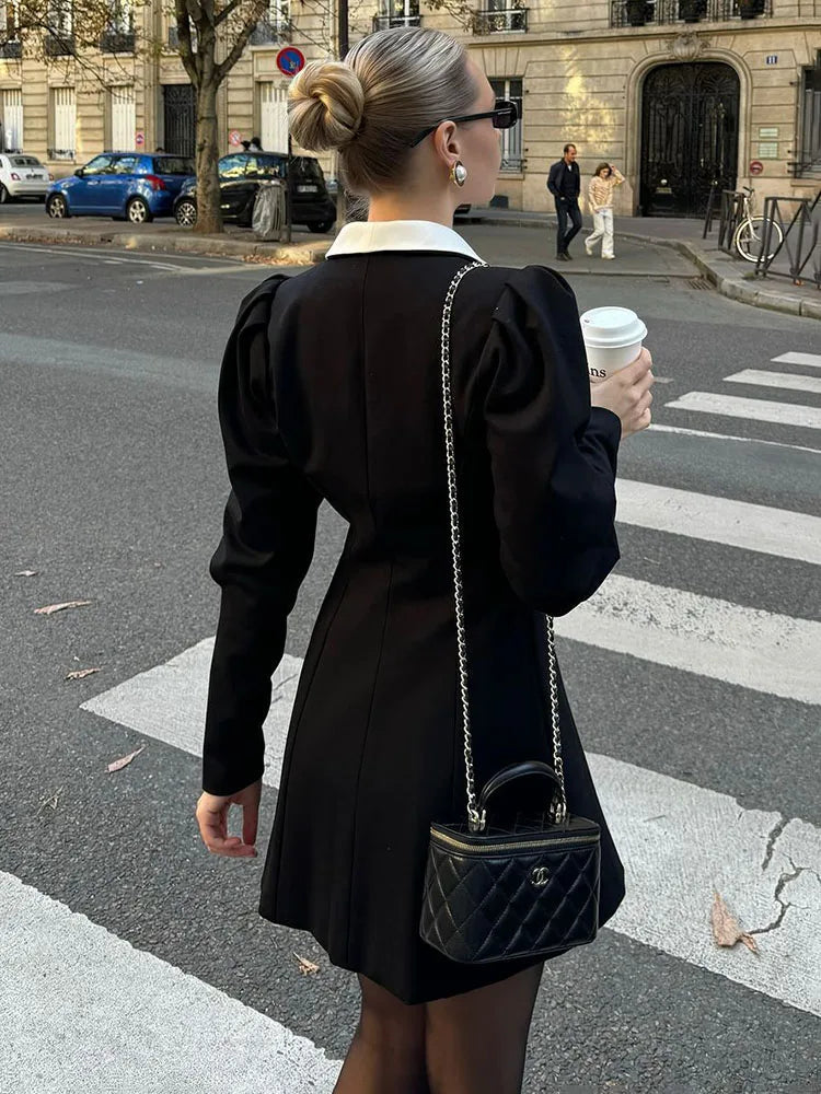 Aiertu  -  Contrast Color Lapel Suit Dress Elegant Office Woman Outfits Pleatd Splice High Waist Mini Dress Double Breasted Fashion Aiertu