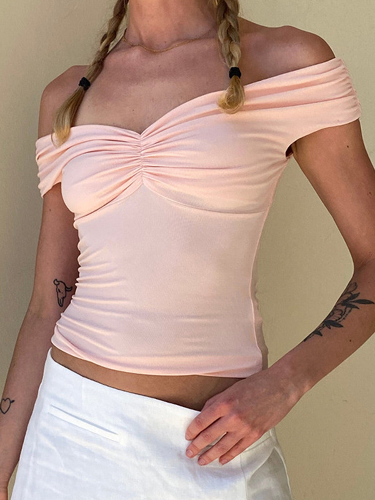 Aiertu - summer inspo Off Shoulder Solid Ruched V Neck Slim Basic Cropped Tee Shirt Women Aiertu
