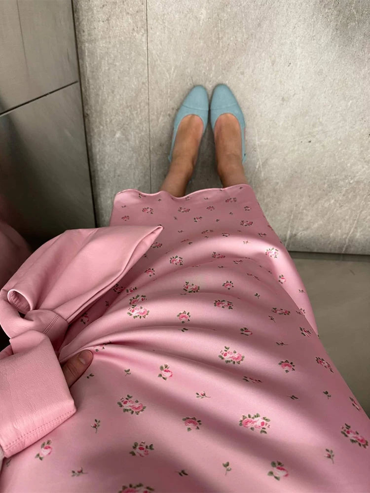 Aiertu  -  Flower Print Skirt Female 2025 New High Waist Slim Long Skirts Street Casual Vacation Fashion Elegant Satin Skirt Women Aiertu