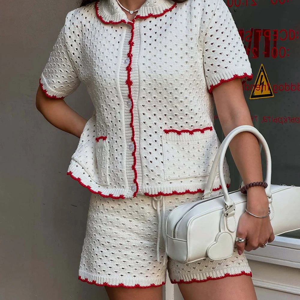 Aiertu  -  Knitted Shorts Set Fashion Casual Clashing Cardigan Top Lace Up Shorts Set Women  Vacation Sports Knitted Shorts Set Aiertu