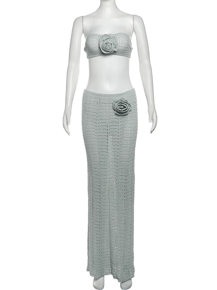 Aiertu  -  2 Piece Set Women Crochet Applique Chest Wrap Lace-Up Camisole+Skinny Solid Stretch Long Skirts Matching Elegant Suit Aiertu