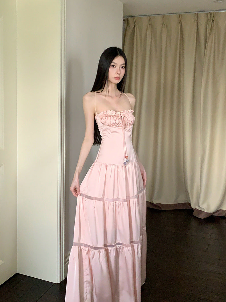 Aiertu  Shirred Lace-Up Tube Top Suspender Dress for Women Hollow Splicing Long Skirt Pink Island Resort Style Satin 1688