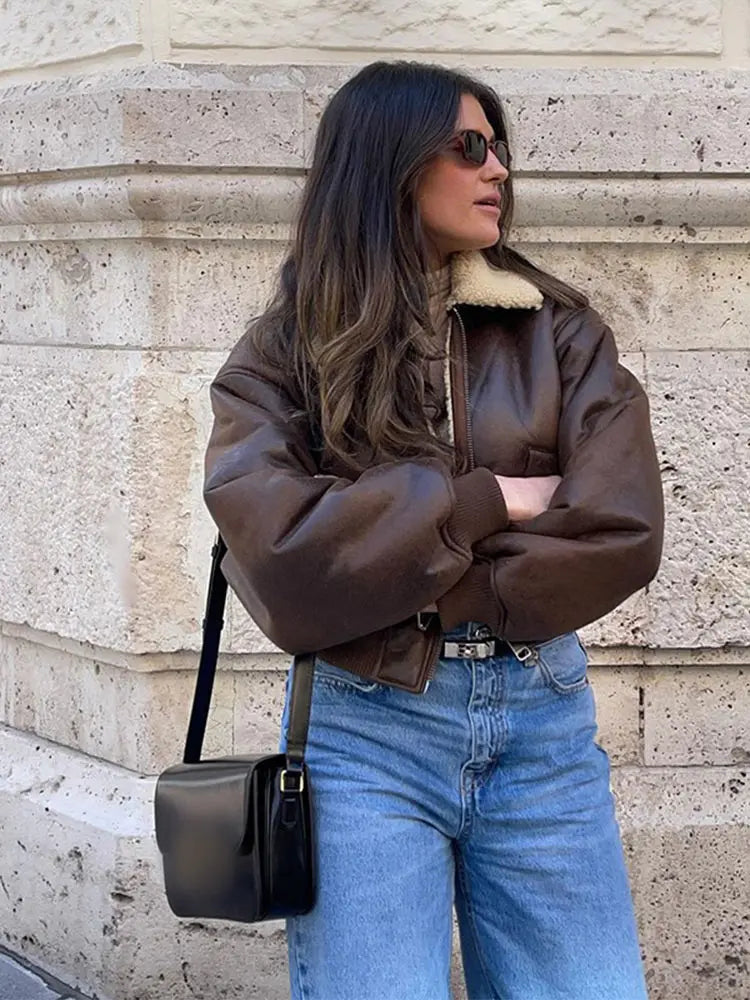 Aiertu  -  Chic Long Sleeve Lapel Double Side Motorcycle Coat Fashion Warm Pocket Zipper Jackets Autumn Winter Woman High Street Coats Aiertu