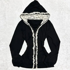 Aiertu  -  High Street Y2k Vintage Lace Slim Fit Zipper Hoodie Goth Grunge Hip Hop Premium Cotton Casual Harajuku Hottie Sexy Long Sleeve Aiertu