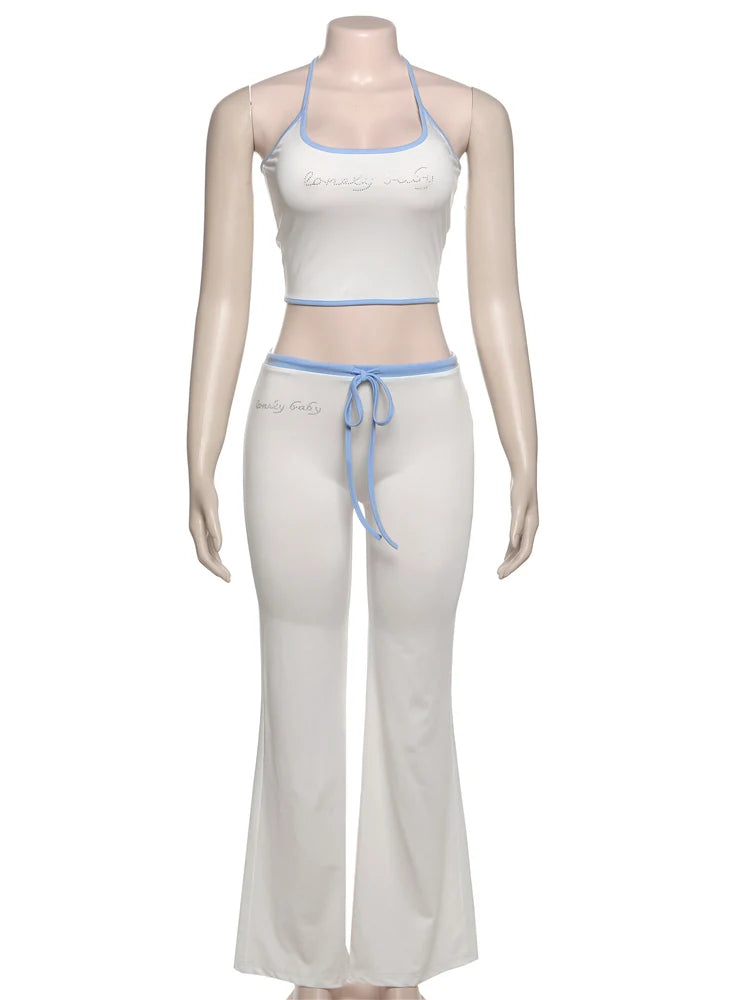 Aiertu  -  Simple Letter Print 2 Piece Set Women Halter Bandage Crop Tops+Drawstring Stretch Flare Pants Vacation Matching Suits Aiertu