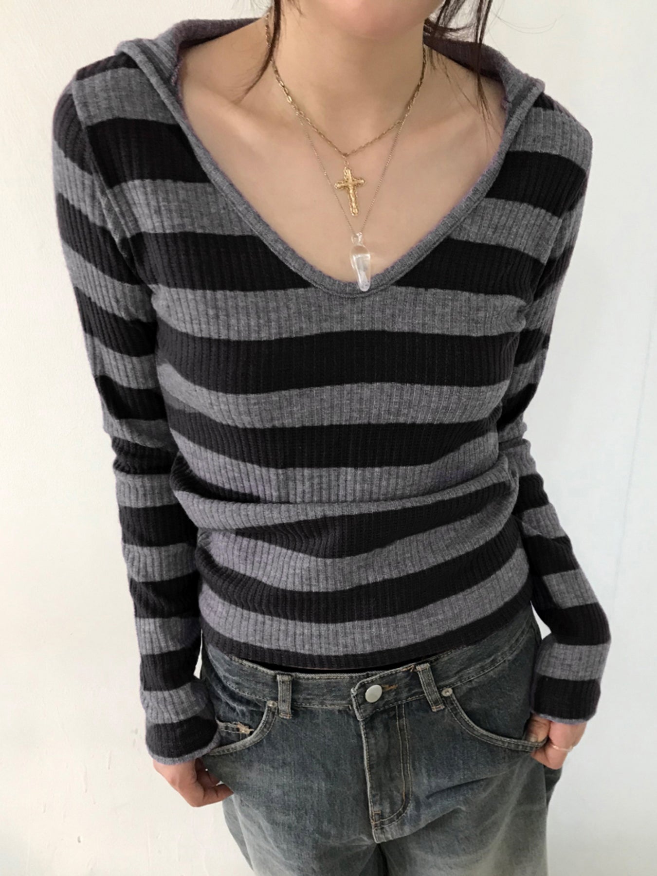 Aiertu - summer inspo Black Dark Gray Stripe Hooded T-Shirt Women V Neck Slim Long Sleeve Basic Spring Autumn Ribbed Top Preppy Streetwear Tee Aiertu