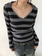 Aiertu - summer inspo Black Dark Gray Stripe Hooded T-Shirt Women V Neck Slim Long Sleeve Basic Spring Autumn Ribbed Top Preppy Streetwear Tee Aiertu