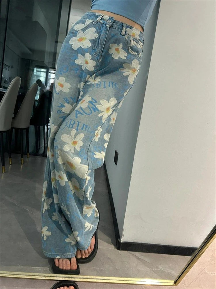 Aiertu  -  Women's Daisy Printed High Waisted Jeans Summer Street Cool Girl Bottoms Wide Legs Irregular Pants Female Baggy Denim Trousers Aiertu