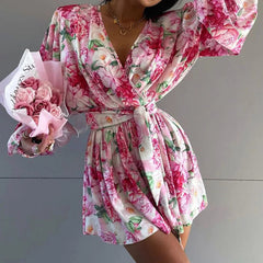 Aiertu  -  Spring Fashion Flower Print Short Jumpsuit Women Elegant V Neck Lace-up Romper Playsuits Autumn Long Sleeve Office Lady Overalls Aiertu