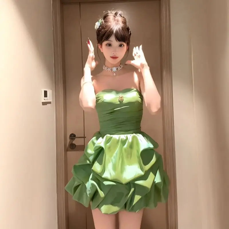 Aiertu  -   French Retro Green Mini Strapless Dress for Women Summer High-end Sweet Girl High Waist Slimming Birthday Party Evening Dress Aiertu