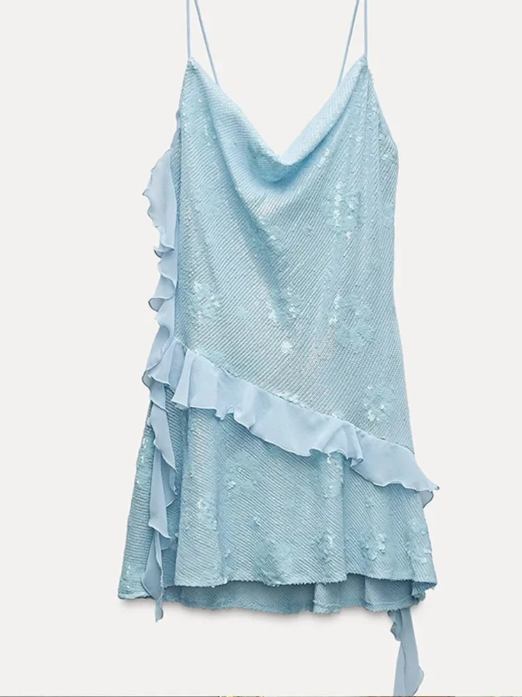 Aiertu  -  Sky Blue Sequins Ruffle Irregular Mini Dress Women Sexy Swing Collar Sleeveless Slim Short Robe Female Elegant Party Vestidos Aiertu