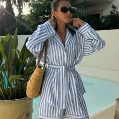 Aiertu  -  Blue Striped Shorts 2 Piece Set Women Single Breasted Lace-up Long Sleeve Blouse+Short Pants Casual Fashion Loose Suits 2025 New Aiertu