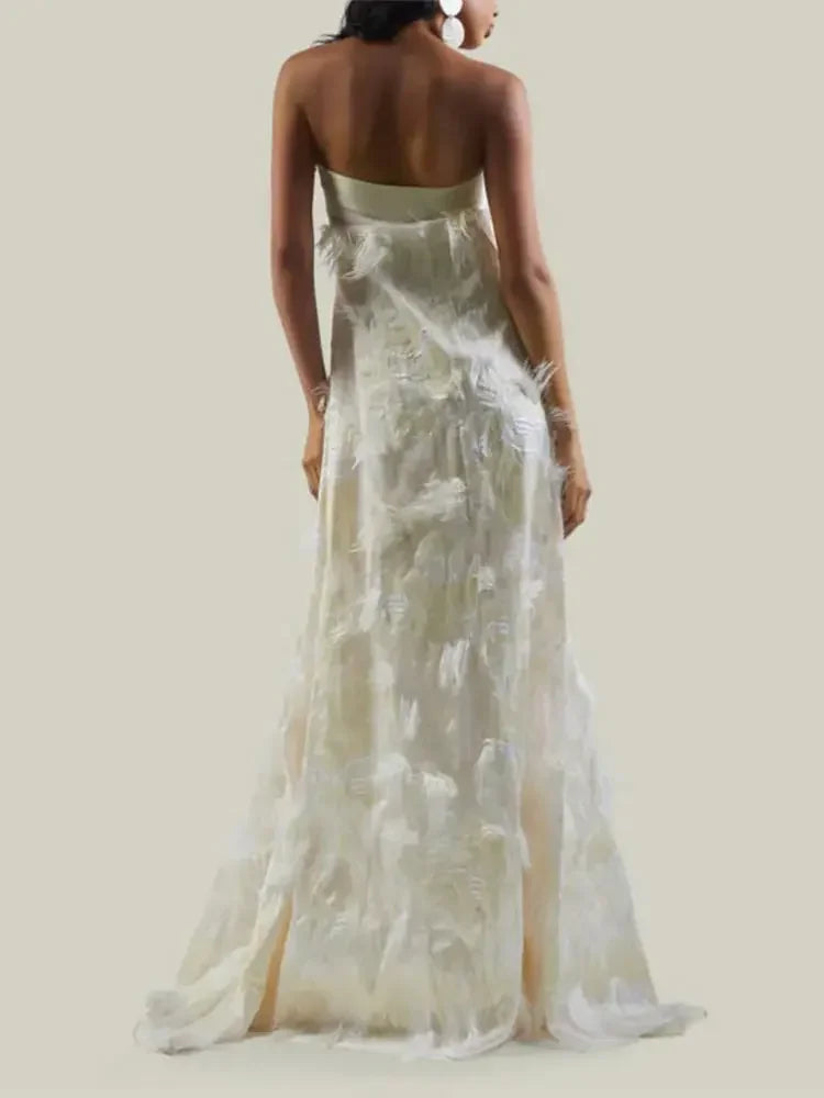 Aiertu  -  White Elegant Feathers Off Shoulder Strapless Maxi Dress Women Backless Wrapped Chest Loose Robes 2026 Wedding Party Dresses Aiertu