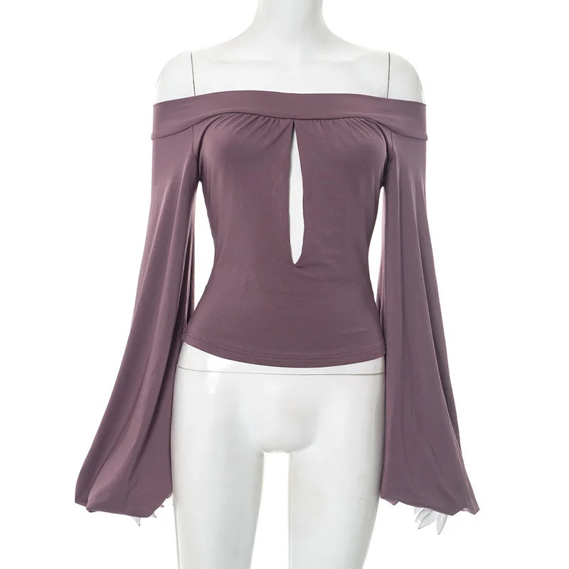 Aiertu  -  Off-Shoulder Slim Sexy T-shirt Tops Hollow Out Long Sleeve Patchwork Solid Fashion Elegant New Fema T-shirt Tops 2025 Aiertu