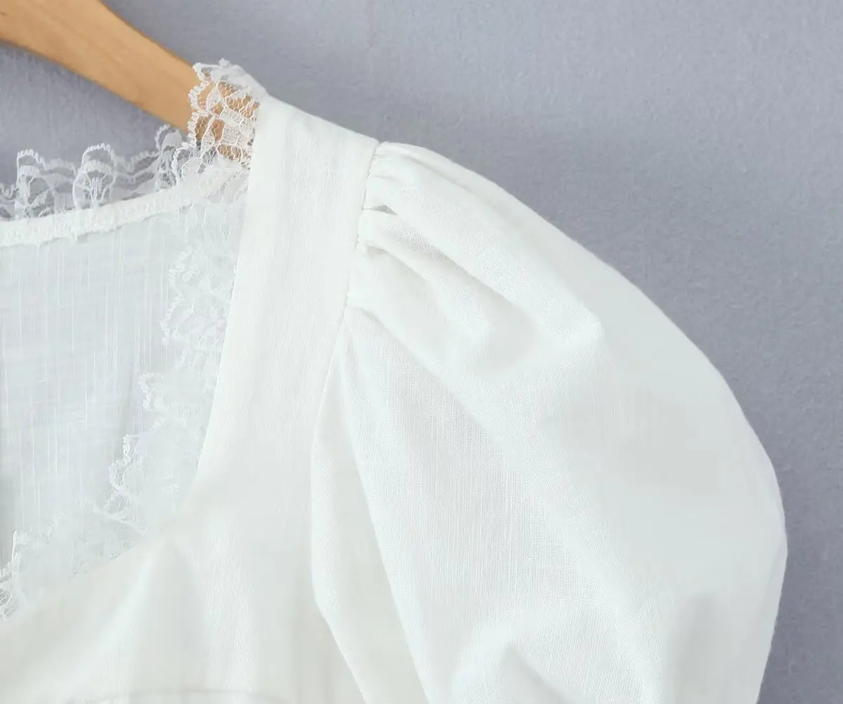 Aiertu  -  Sweet Beige Splice Lace Square Collar Bow Front Short Puff Sleeve Dress Women Lace Hem Low Waist Dresses Mini Cake Robe Aiertu