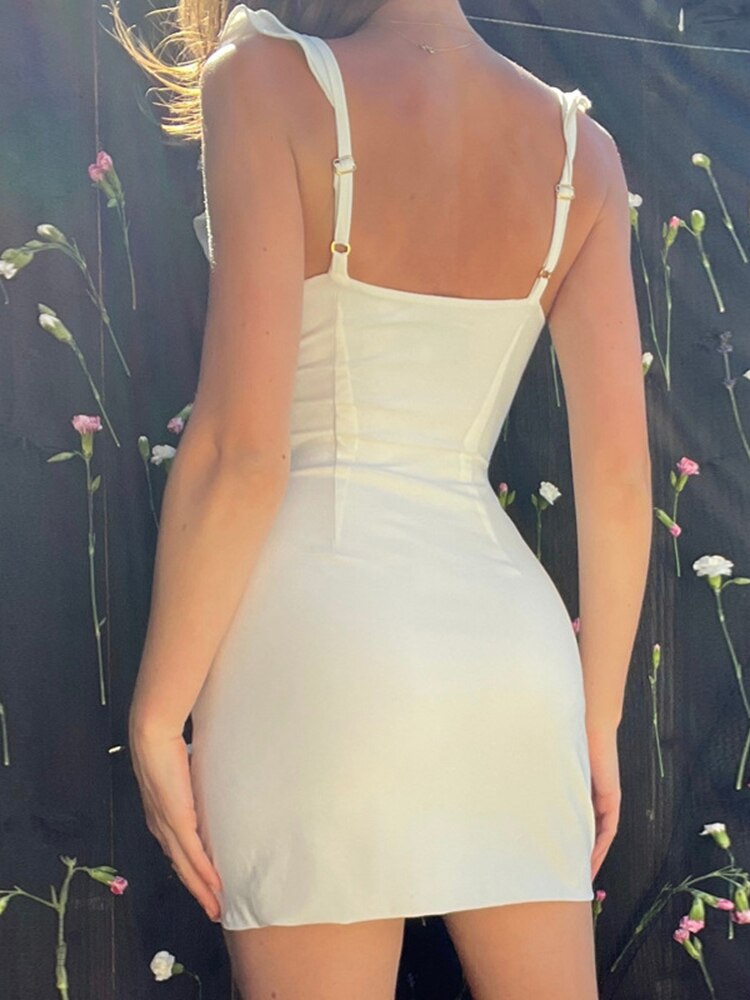 Aiertu  Elegant Ruffle Bow Tie White Mini Dress for Women Sexy Backless Split Party Club Dresses 2025  Summer V-neck Sleeveless Dresses Aiertu