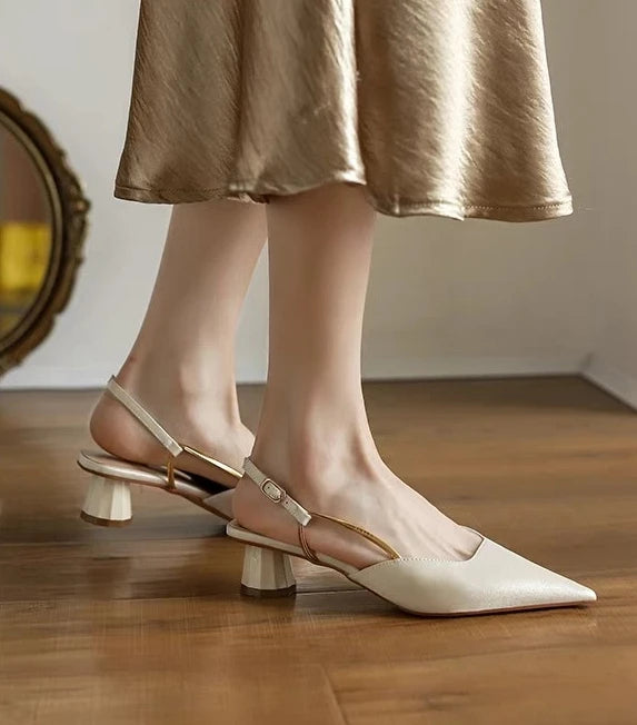 Aiertu  -  French Satin Style Sandals 2025 Spring Women New Baotou Mid Heel Design Luxury Pointed Versatile Single Shoes Aiertu