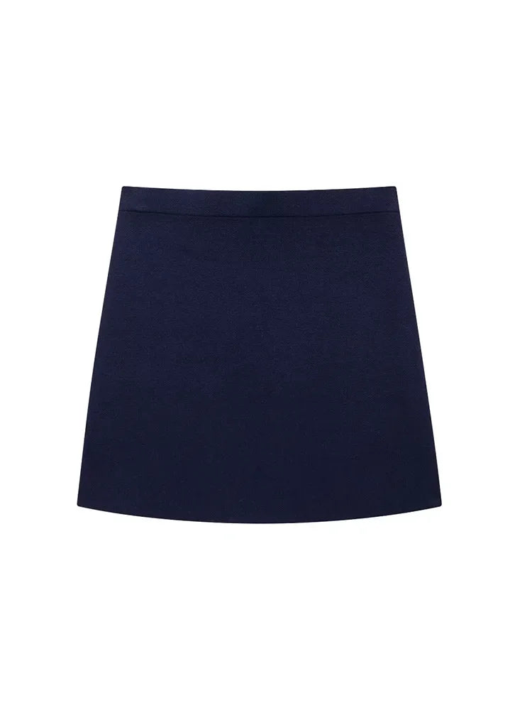 Aiertu  Women Fashion Navy Blue Knitted Straight Mini Skirt Vintage High Elastic Waist Female Chic Lady Skirts Aiertu