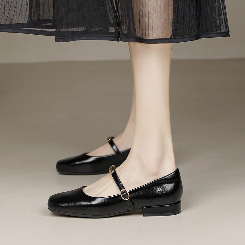 Aiertu  Casual Woman Shoe Black Flats Female Footwear Shallow Mouth Low Heels Square Toe Big Size Retro Dress Nurse Buckle Strap Mary Ja Aiertu